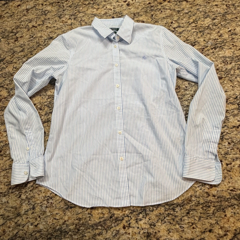 Lauren Ralph Lauren Blue White Striped Non Iron Button Down Shirt Womens M ws
